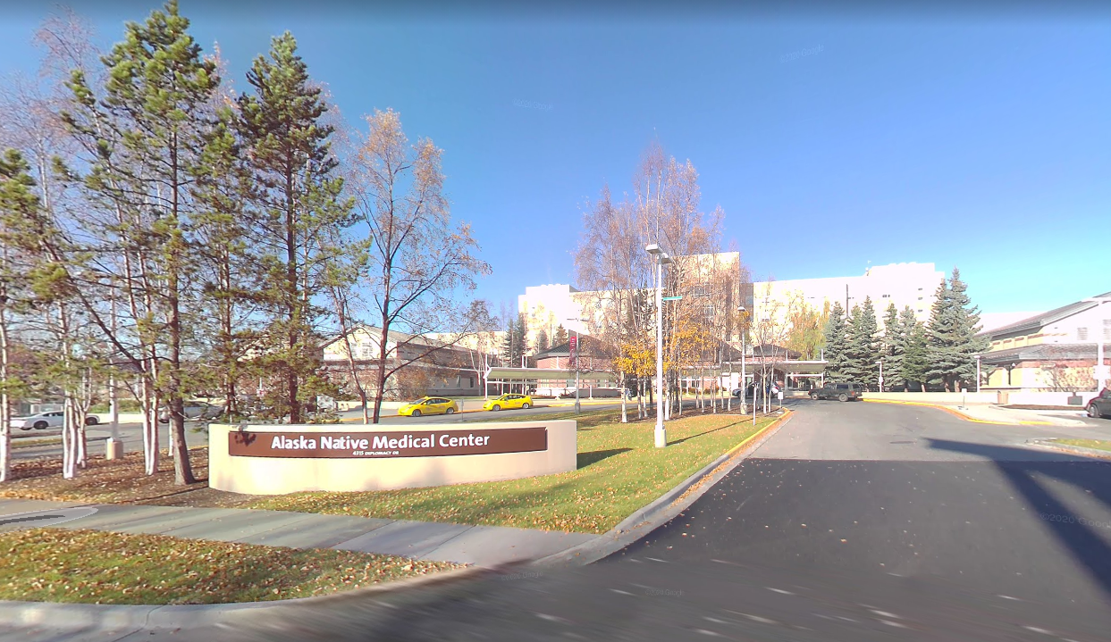 A Google Street photo of the Alaska clinic building's sign that says Alaska Native Medical Center.